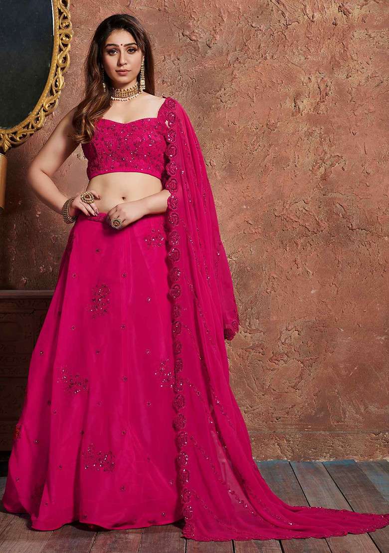 Rani Pink Thread And Sequin Embroidered Georgette Lehenga Set for Diwali and Festive Wear - Indya