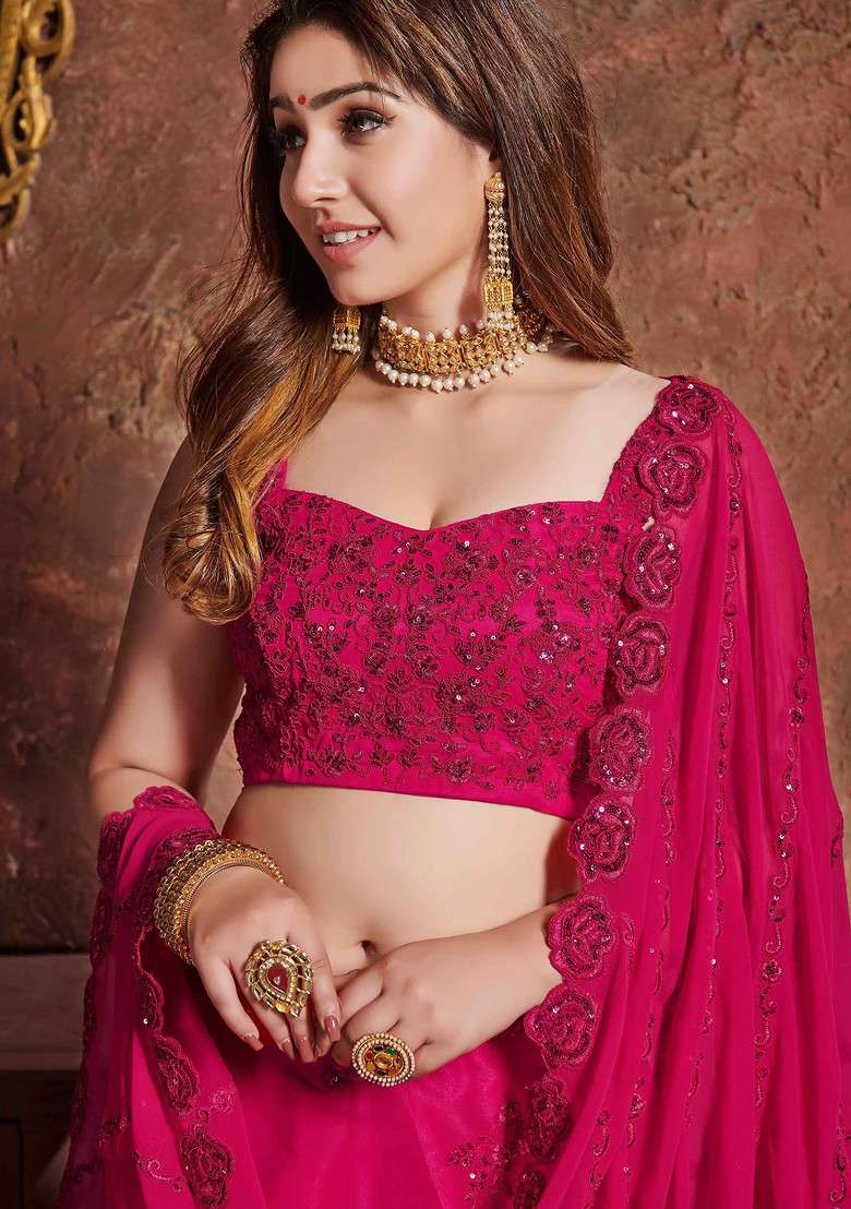 Rani Pink Thread And Sequin Embroidered Georgette Lehenga Set for Diwali and Festive Wear - Indya