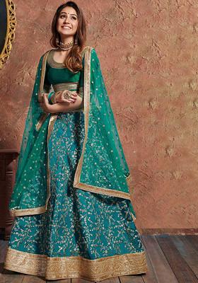 Turquoise Dori And Sequin Embroidered Art Silk Lehenga Set