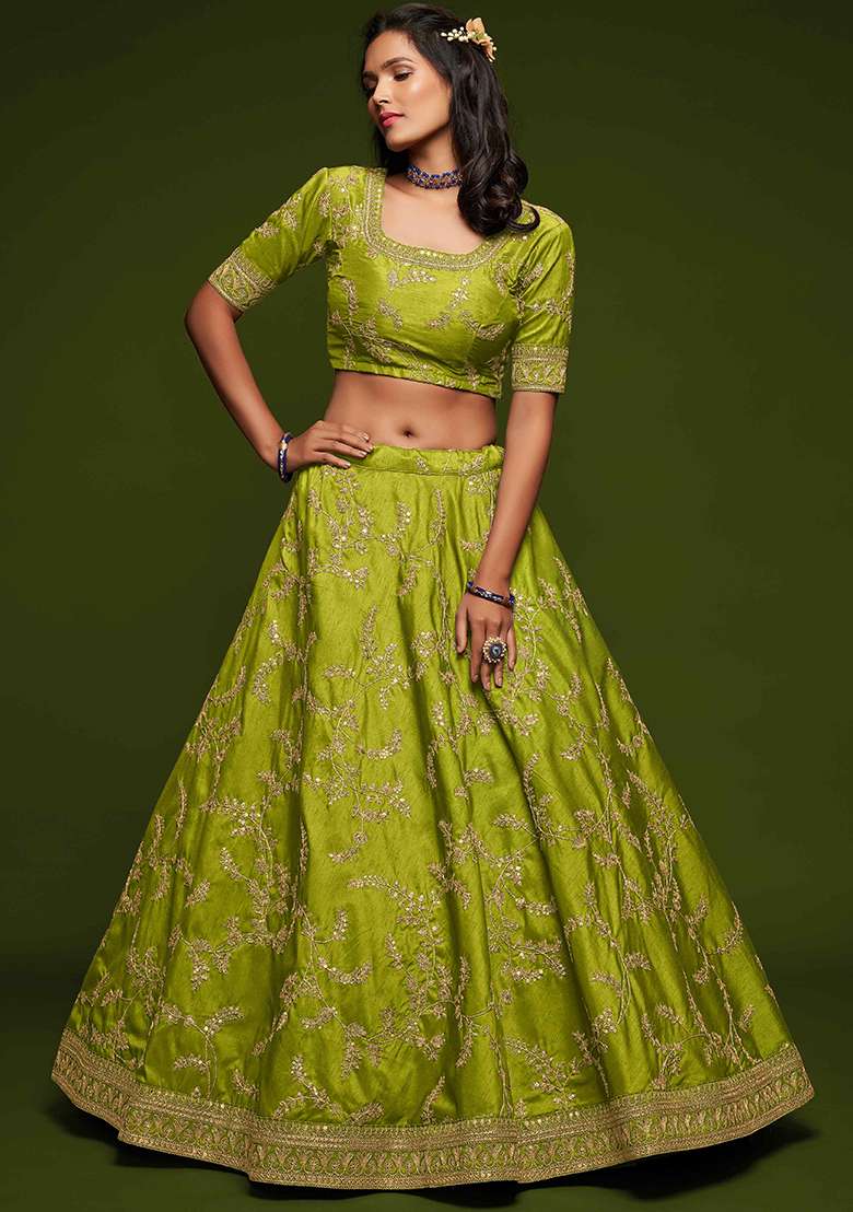 Neon Yellow Dori Blend Art Silk Lehenga Set with Embroidered & Sequin for Diwali | Wedding & Festive Wear - Indya
