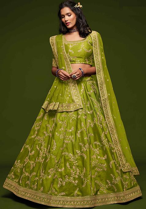 Neon Yellow Dori Sequin Embroidered Art Silk Lehenga Set