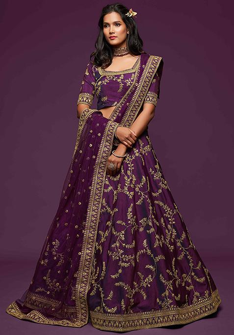 Purple Dori Sequin Embroidered Art Silk Lehenga Set