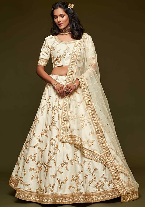 White Dori Sequin Embroidered Art Silk Lehenga Set