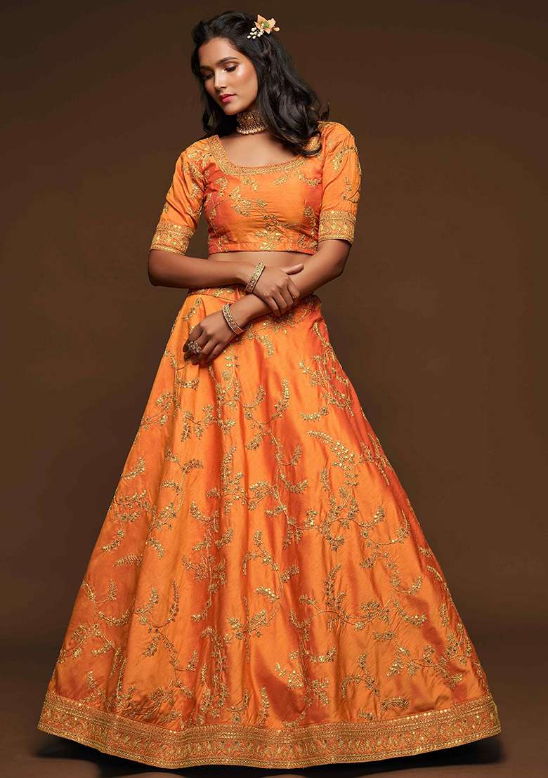 Orange Dori Blend Art Silk Lehenga Set with Embroidered & Sequin for Diwali | Wedding & Festive Wear - Indya