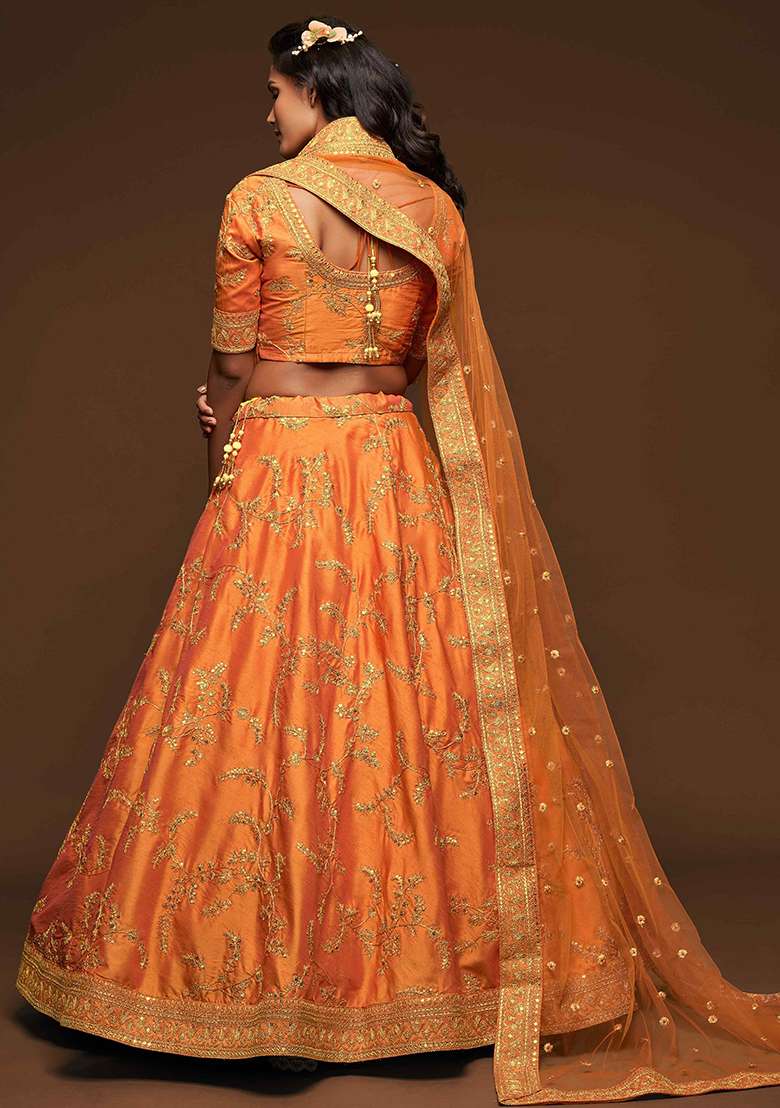 Orange Dori Blend Art Silk Lehenga Set with Embroidered & Sequin for Diwali | Wedding & Festive Wear - Indya