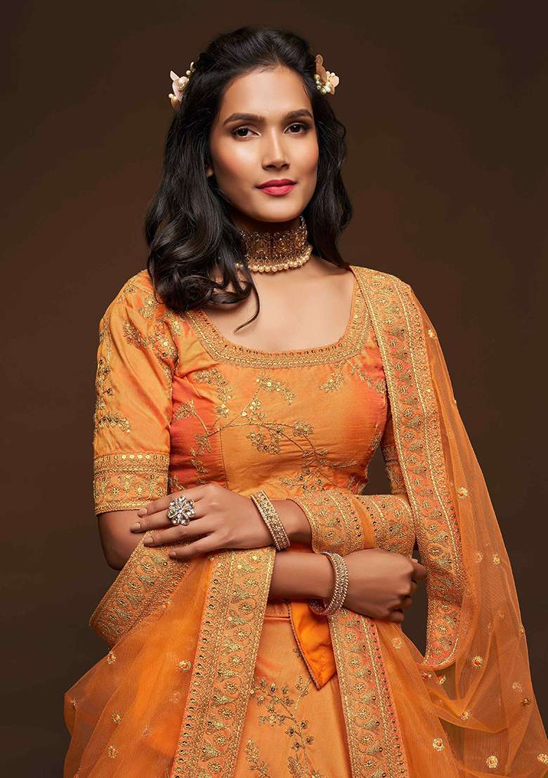 Orange Dori Blend Art Silk Lehenga Set with Embroidered & Sequin for Diwali | Wedding & Festive Wear - Indya