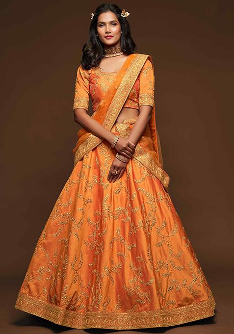 Orange Dori Sequin Embroidered Art Silk Lehenga Set