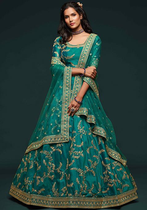 Green Dori Sequin Embroidered Art Silk Lehenga Set