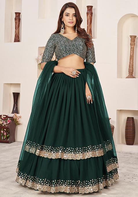 Green Sequin Zari Embroidered Georgette Lehenga Set