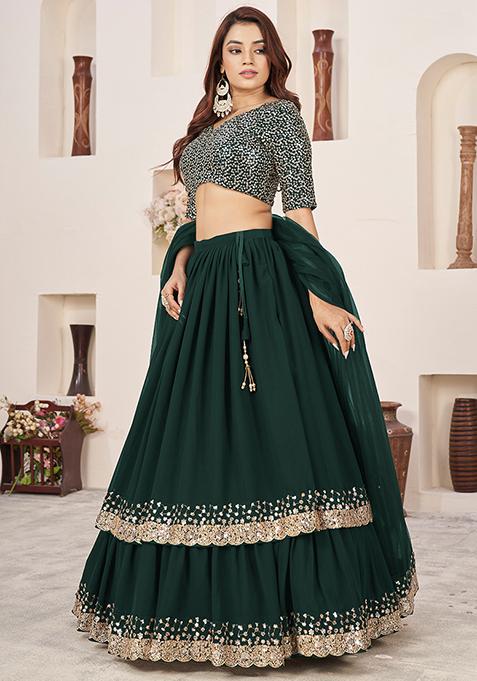 Green Sequin Zari Embroidered Georgette Lehenga Set