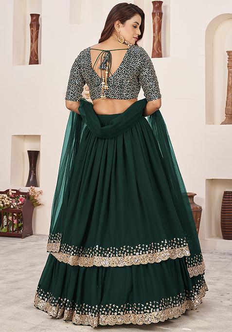 Green Sequin Zari Embroidered Georgette Lehenga Set