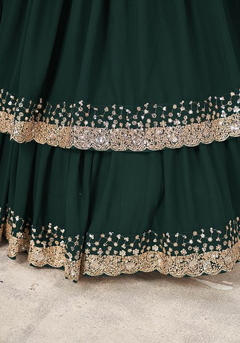 Green Sequin Zari Embroidered Georgette Lehenga Set