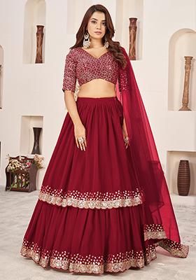 Red Sequin Zari Embroidered Georgette Lehenga Set