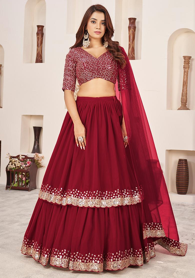 Red Sequin Zari Embroidered Georgette Lehenga Set