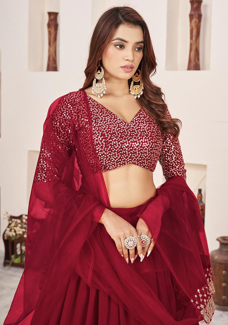 Red Sequin Zari Embroidered Georgette Lehenga Set