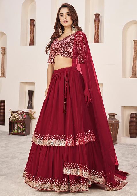 Red Sequin Zari Embroidered Georgette Lehenga Set
