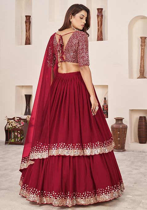 Red Sequin Zari Embroidered Georgette Lehenga Set