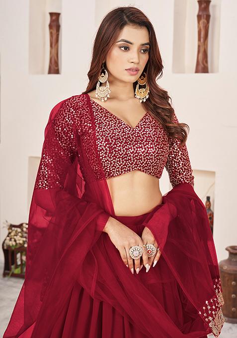 Red Sequin Zari Embroidered Georgette Lehenga Set