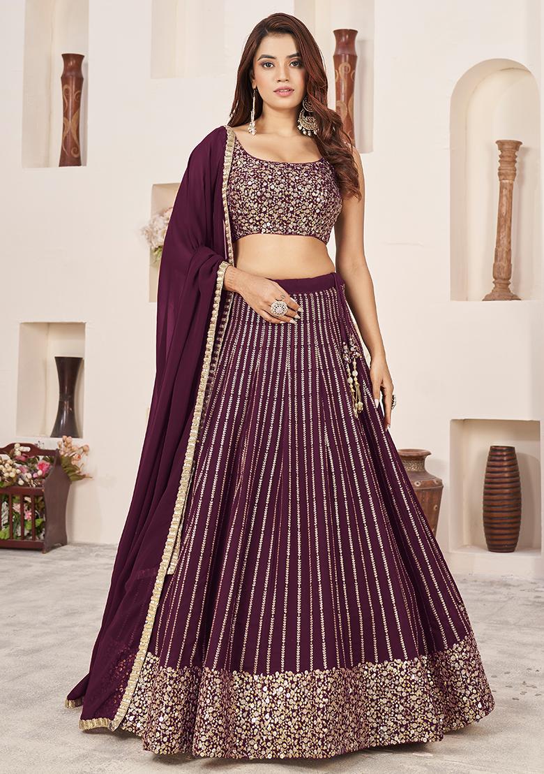 Wine Sequin Zari Embroidered Georgette Lehenga Set