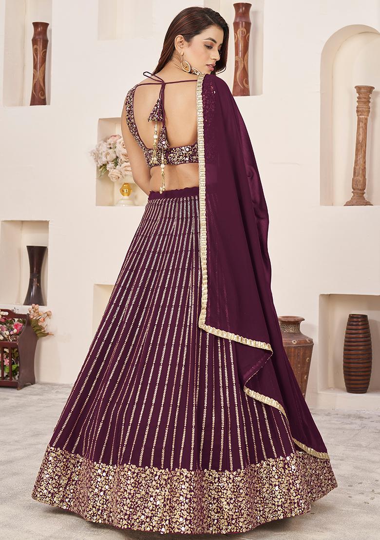 Wine Sequin Zari Embroidered Georgette Lehenga Set