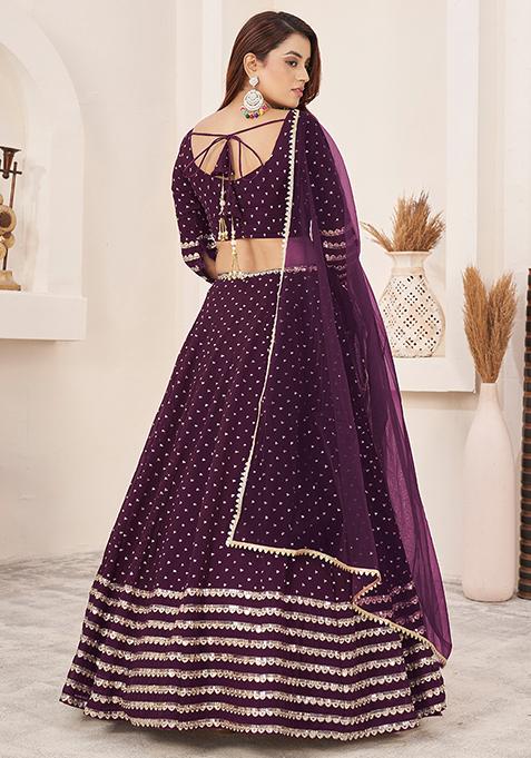 Wine Sequin Zari Embroidered Georgette Lehenga Set