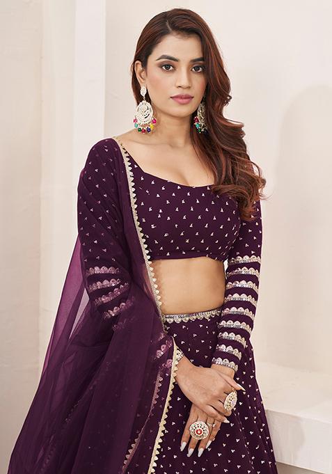 Wine Sequin Zari Embroidered Georgette Lehenga Set