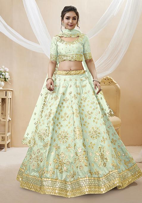 Pista Green Sequin Zari Embroidered Art Silk Lehenga Set