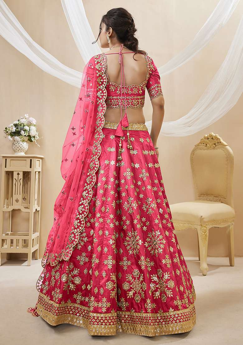 Pink Sequin Zari Embroidered Art Silk Blend Lehenga Set for Diwali and Festive Wear - Indya