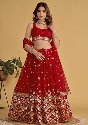 Red Sequin Zari Embroidered Georgette Lehenga Set