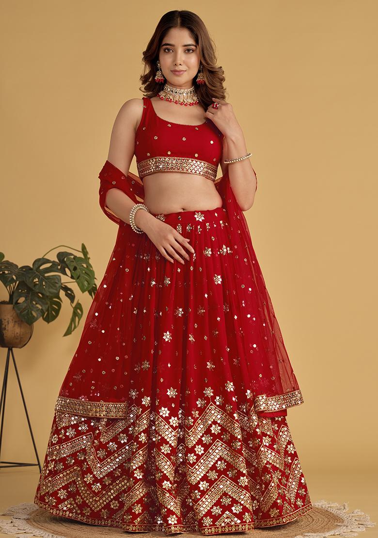 Red Sequin Zari Embroidered Georgette Lehenga Set