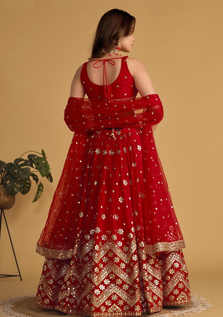 Red Sequin Zari Embroidered Georgette Lehenga Set