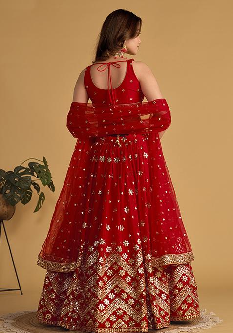 Red Sequin Zari Embroidered Georgette Lehenga Set