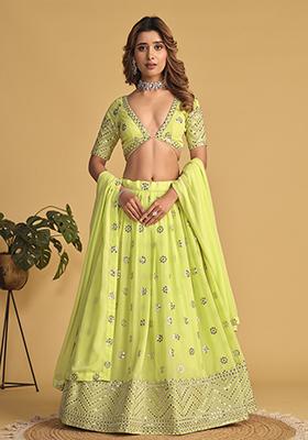 Neon Yellow Sequin Zari Embroidered Georgette Lehenga Set