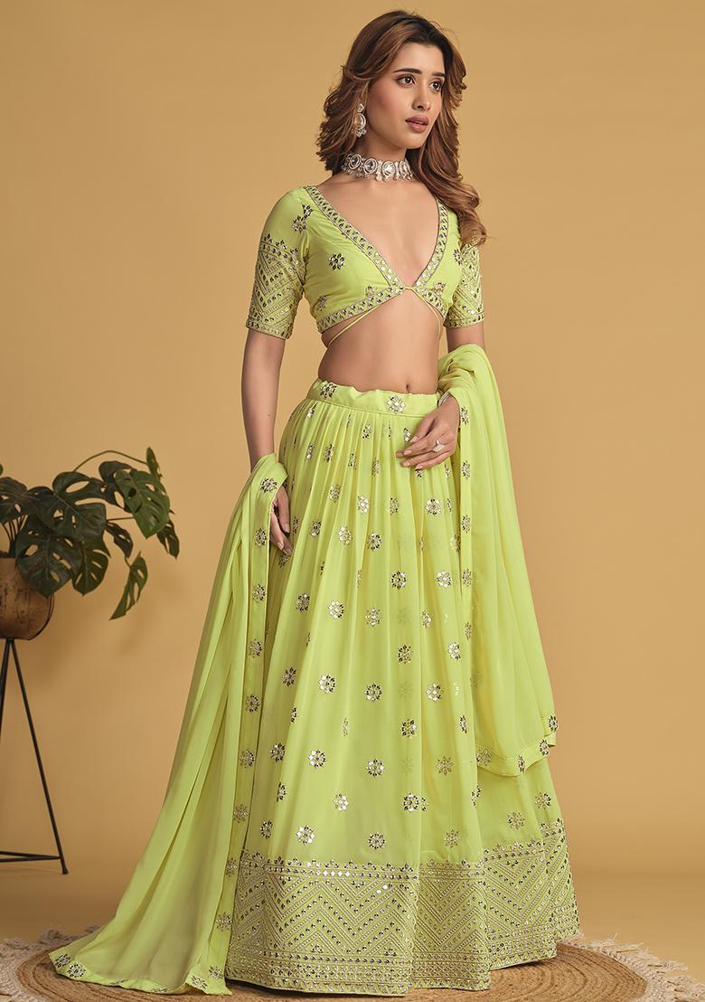 Neon Yellow Sequin Zari Embroidered Georgette Lehenga Set