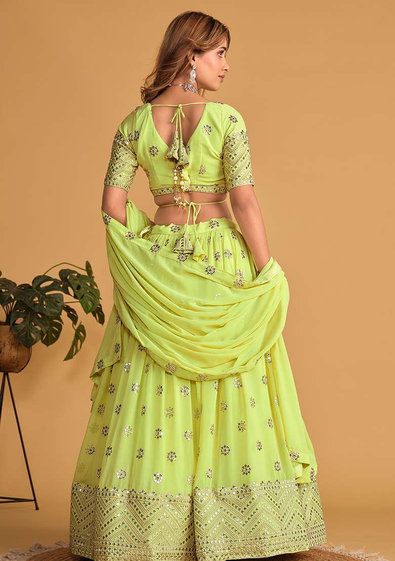 Neon Yellow Zari Georgette Lehenga Set with Embroidered & Sequin for Diwali | Wedding & Festive Wear - Indya