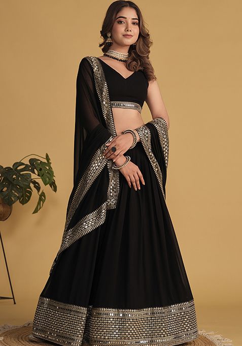 Black Sequin Zari Embroidered Georgette Lehenga Set