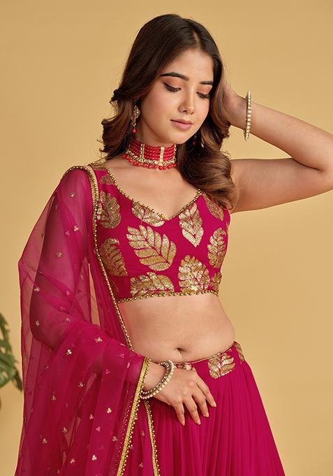 Rani Pink Sequin Zari Embroidered Georgette Lehenga Set