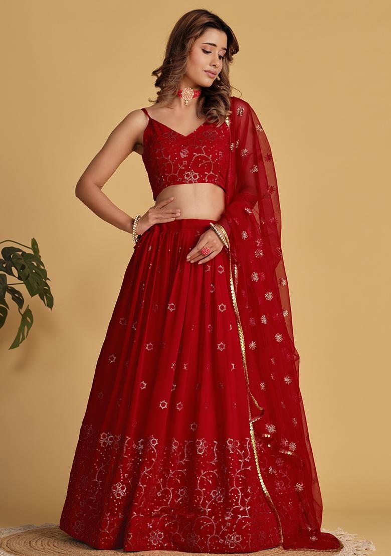Red Sequin Zari Embroidered Georgette Lehenga Set