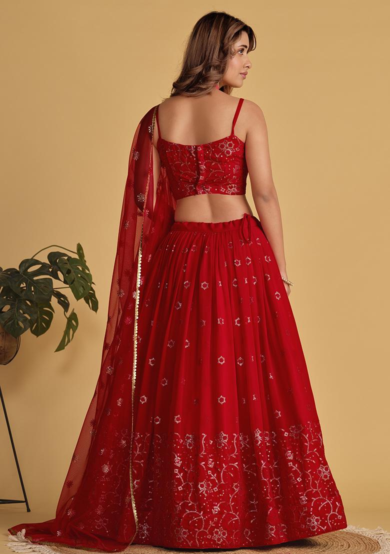 Red Sequin Zari Embroidered Georgette Lehenga Set