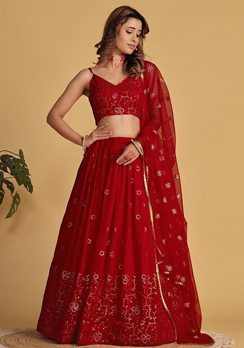 Red Sequin Zari Embroidered Georgette Lehenga Set