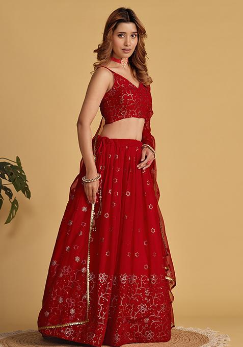 Red Sequin Zari Embroidered Georgette Lehenga Set