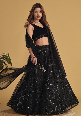 Black Sequin Zari Embroidered Net Lehenga Set