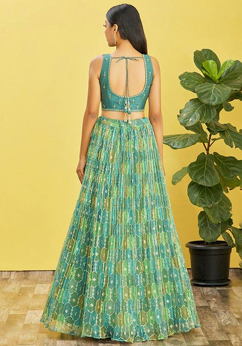Green Digital Print Sequin Embroidered Organza Lehenga Set