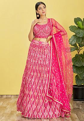 Pink Digital Print Sequin Embroidered Chiffon Lehenga Set