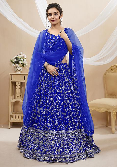 Blue Sequin Zari Embroidered Georgette Lehenga Set