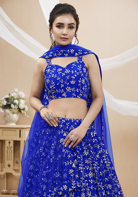 Blue Sequin Zari Embroidered Georgette Lehenga Set