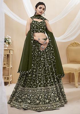 Green Sequin Zari Embroidered Georgette Lehenga Set