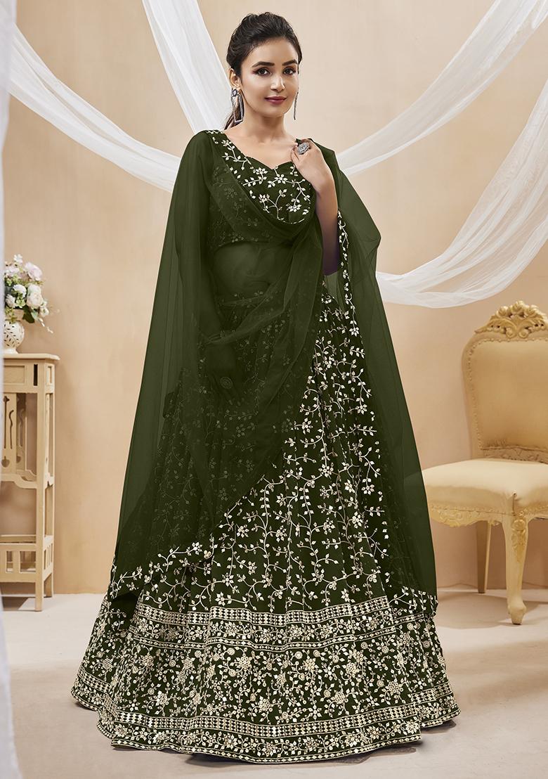 Green Sequin Zari Embroidered Georgette Lehenga Set