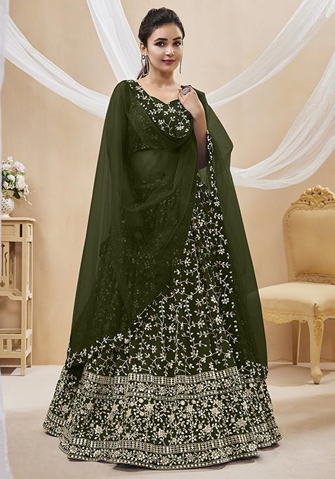Green Sequin Zari Embroidered Georgette Lehenga Set