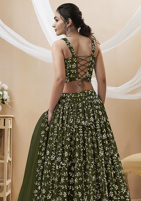 Green Sequin Zari Embroidered Georgette Lehenga Set